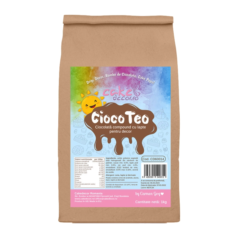 Cioco Teo Lapte 1Kg by Cakedecor - ciocolată cu lapte profesională pentru decoruri, drip-uri și deserturi