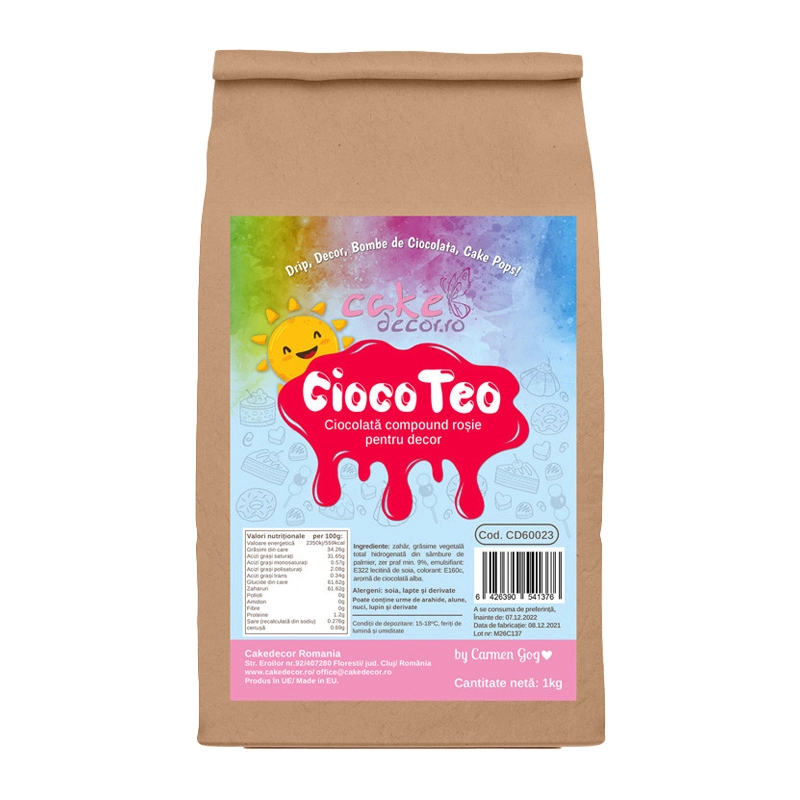 Cioco Teo Roșu 1Kg by Cakedecor - ciocolată roșie pentru decoruri și drip-uri