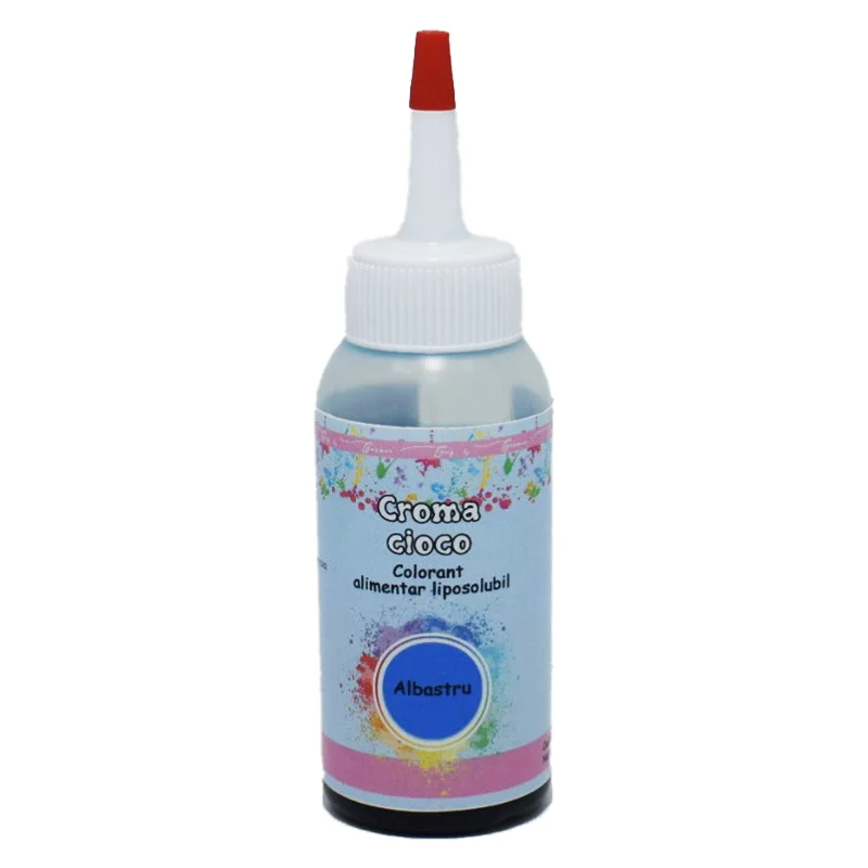 Colorant Croma Cioco Albastru 60ml - colorant alimentar liposolubil cu nuanță albastru intens, ideal pentru ciocolată, unt de cacao, ganache și creme grase. Performanță profesională și dispersie perfectă.