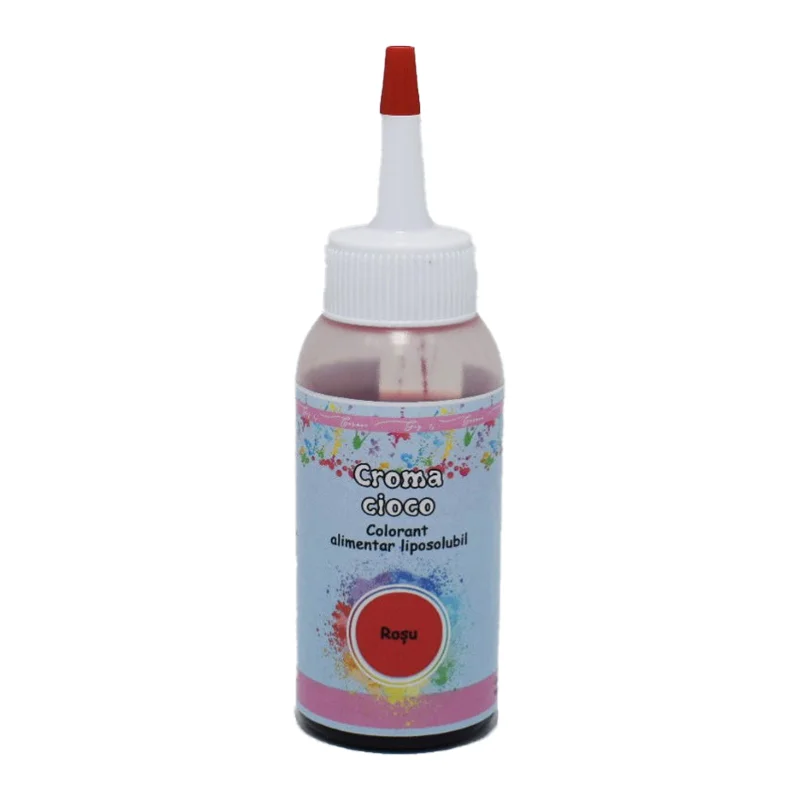 Colorant Croma Cioco Rosu 60ml - colorant alimentar liposolubil pentru ciocolată, creme grase și unt de cacao. Roșu intens, dispersie uniformă și stabilitate excelentă pentru decoruri profesionale.