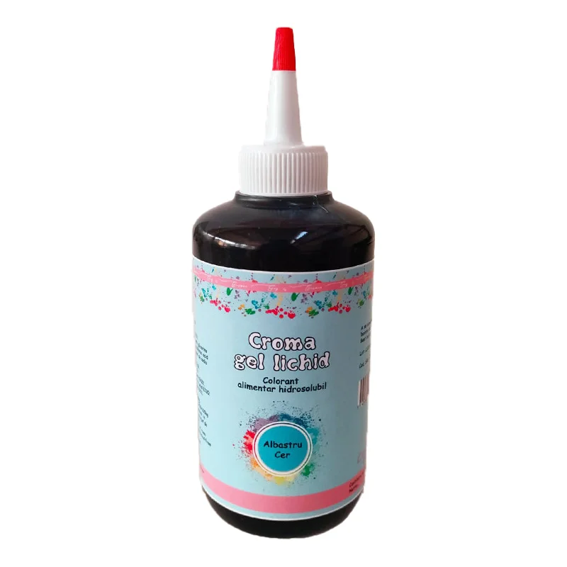 Colorant Croma Gel Lichid Albastru Cer 60ml - Colorant alimentar gel lichid cu pigment albastru cer vibrant, ideal pentru creme, aluaturi, fondant, băuturi, glazuri și deserturi variate. Se amestecă ușor și oferă o culoare intensă și uniformă.