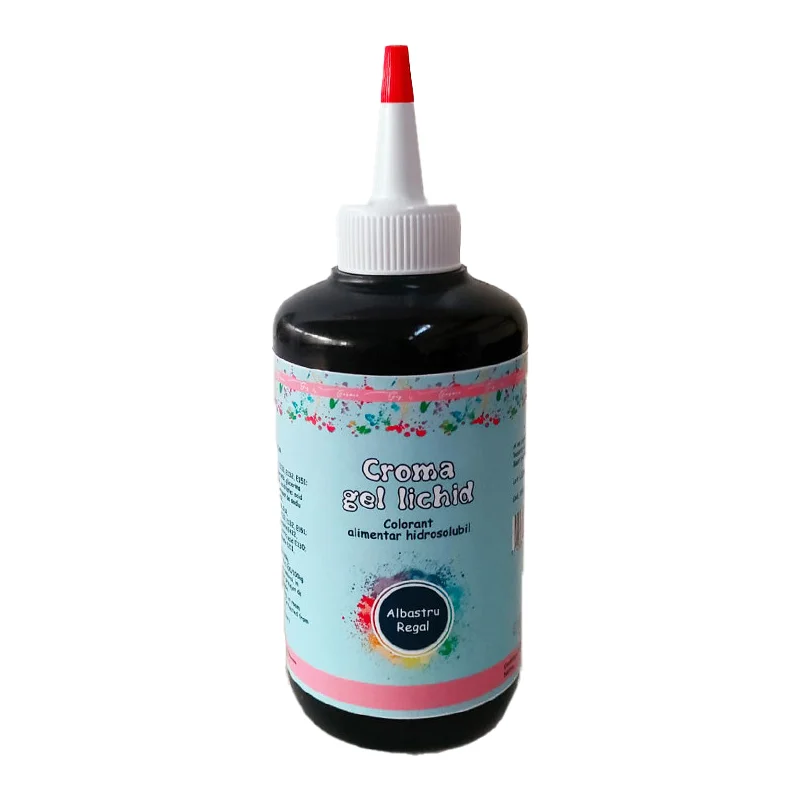 Colorant Croma Gel Lichid Albastru Regal 60ml - Colorant alimentar gel lichid de culoare albastru regal, foarte intens și stabil, ideal pentru creme, glazuri, aluaturi și fondant. Se amestecă uniform și este perfect pentru utilizare profesională.