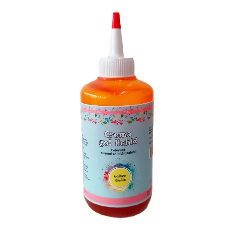Colorant Croma Gel Lichid Galben Lamaie 60ml - colorant alimentar gel lichid intensiv, ideal pentru creme, aluaturi și glazuri. Textură fluidă, omogenizare rapidă, perfect pentru cofetărie și cake design.