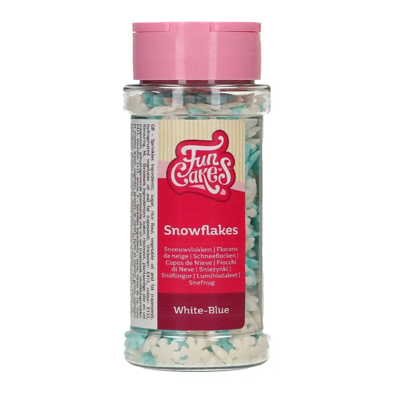 FunCakes Fulgi Alb/Albastru 50g - fulgi de nea decorativi pentru torturi, cupcakes și prăjituri de iarnă. Culori intense, calitate premium, perfecti pentru deserturi festive.