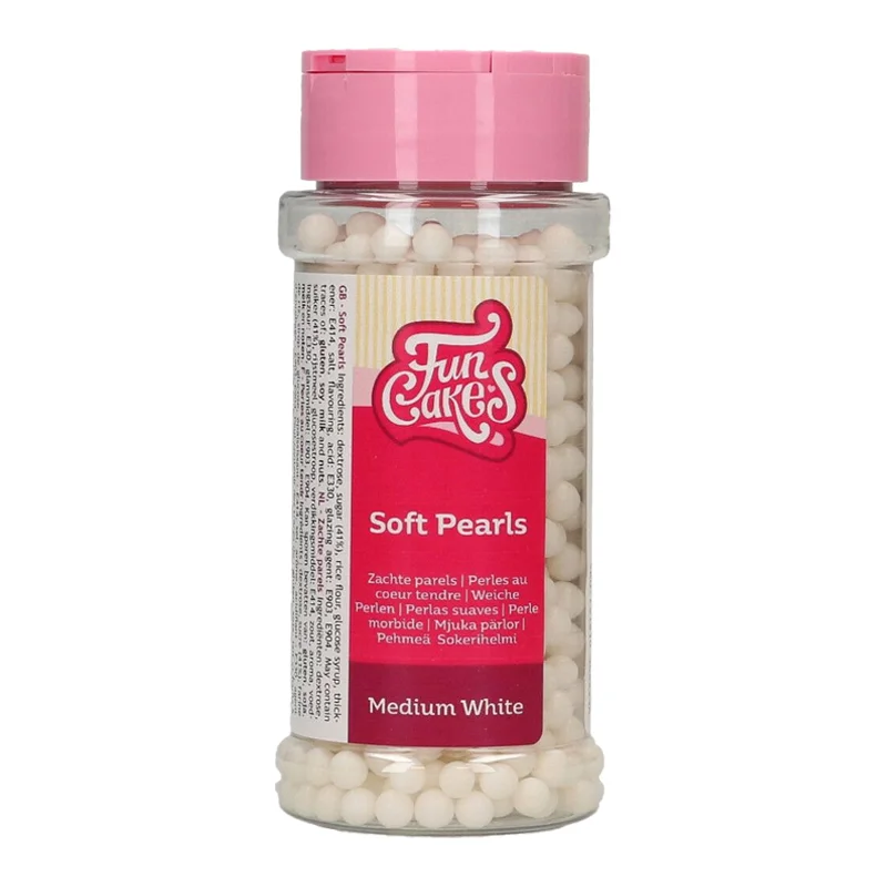 FunCakes Perlute Moi Albe 4mm 60g - Perluțe decorative din zahăr, perfecte pentru torturi, cupcakes și deserturi elegante. Textură moale, aspect rafinat.
