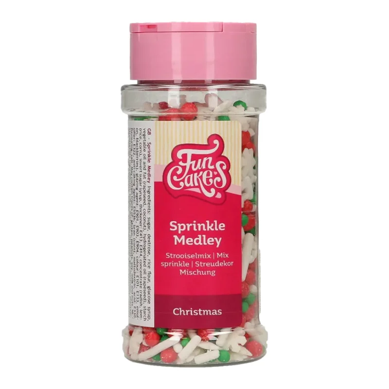 FunCakes Sprinkle Medley Christmas 60g - decoruri comestibile festive pentru torturi, prăjituri și cupcakes. Mix premium în culori clasice de Crăciun. Ideal pentru deserturi de sărbători.