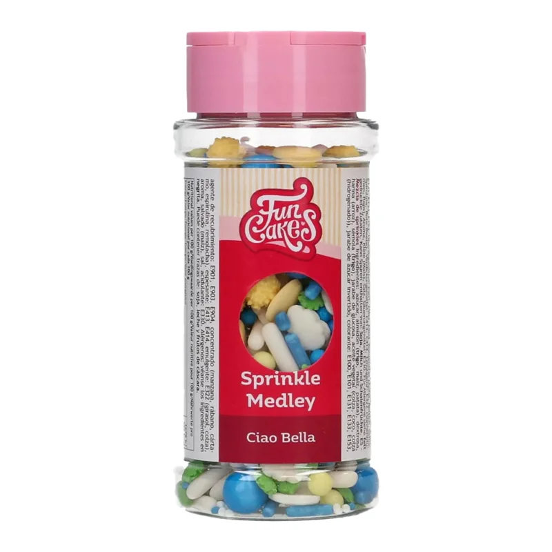 FunCakes Sprinkle Medley Ciao Bella 65g - mix premium de decoruri comestibile în culori mediteraneene. Perfect pentru torturi, cupcakes și biscuiți. Inspirat de Italia.