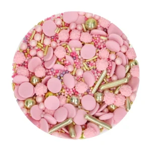 FunCakes Sprinkle Medley Glamour Pink 65g - mix decoruri roz, mov și accente metalice. Perfect pentru torturi glamour, cupcakes, petreceri tematice și aniversări.