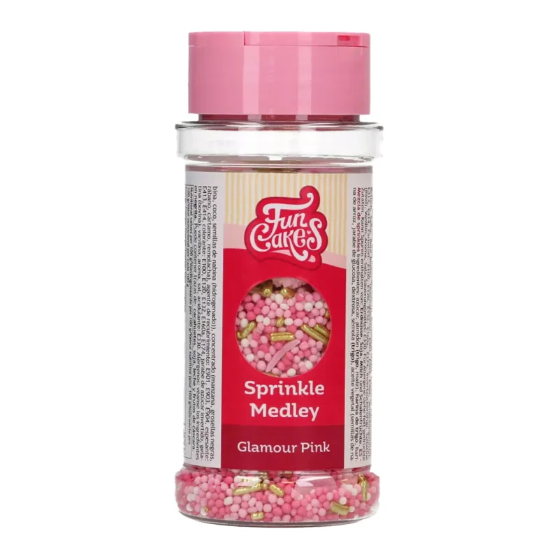 FunCakes Sprinkle Medley Glamour Pink 65g - mix decoruri roz, mov și accente metalice. Perfect pentru torturi glamour, cupcakes, petreceri tematice și aniversări.
