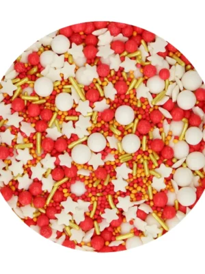 FunCakes Sprinkle Medley Jolly 65g - Mix vesel de decoruri comestibile în culori festive, ideal pentru torturi, prăjituri, cupcakes și biscuiți de Crăciun. Texturi variate, culori intense și calitate FunCakes.