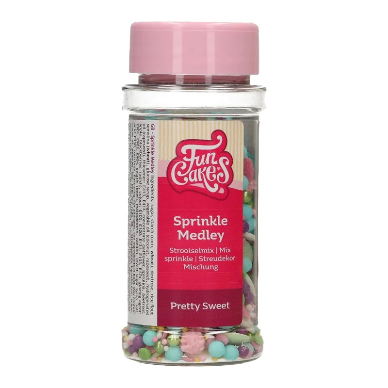 FunCakes Sprinkle Medley Pretty Sweet 65g - Mix multicolor de decoruri comestibile din zahăr, ideal pentru torturi, cupcakes, biscuiți și deserturi vesele. O combinație jucăușă de forme și culori pentru un aspect spectaculos și festiv.