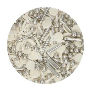 FunCakes Sprinkle Medley Silver Chic 65g - Mix elegant de perluțe argintii comestibile, ideal pentru torturi, cupcakes, biscuiți și deserturi festive. Accente metalice rafinate pentru orice ocazie.