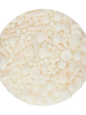 FunCakes Sprinkle Medley White (Alb) 65g - Mix alb de sprinkles premium, ideal pentru torturi elegante, cupcakes, biscuiți glazurați și deserturi tematice. Perfect pentru nunți, botezuri și evenimente rafinate.