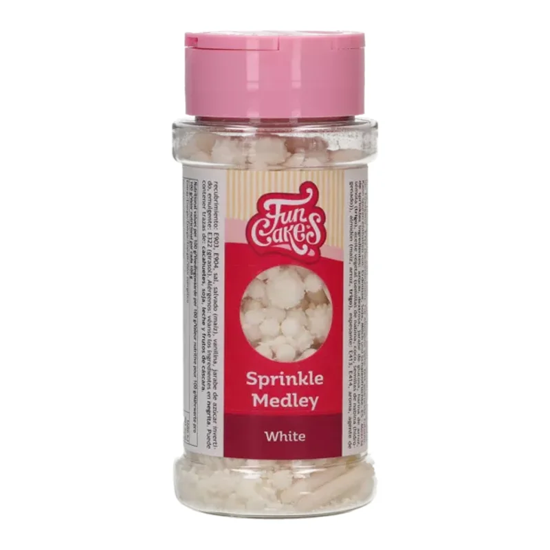 FunCakes Sprinkle Medley White (Alb) 65g - Mix alb de sprinkles premium, ideal pentru torturi elegante, cupcakes, biscuiți glazurați și deserturi tematice. Perfect pentru nunți, botezuri și evenimente rafinate.