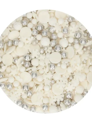 FunCakes Sprinkle Medley Winter 50g - Mix festiv de iarnă în tonuri albe și argintii, perfect pentru torturi tematice, prăjituri, cupcakes și biscuiți. Ideal pentru sărbători, Crăciun, evenimente de sezon și deserturi cu aspect „frosty”.