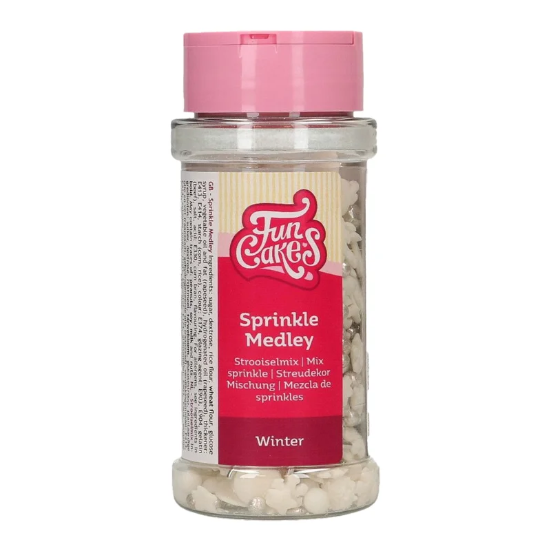 FunCakes Sprinkle Medley Winter 50g - Mix festiv de iarnă în tonuri albe și argintii, perfect pentru torturi tematice, prăjituri, cupcakes și biscuiți. Ideal pentru sărbători, Crăciun, evenimente de sezon și deserturi cu aspect „frosty”.
