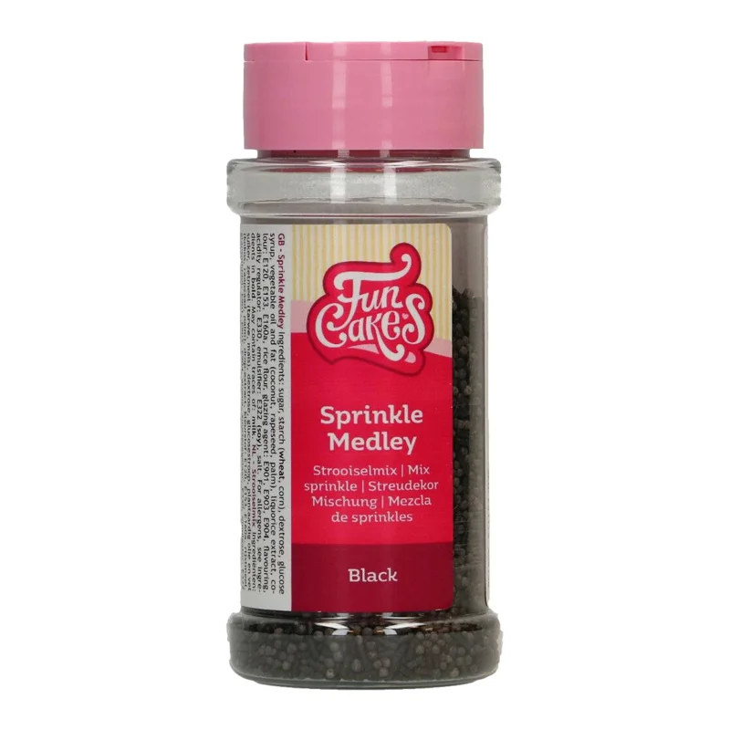 FunCakes Sprinkle Medley Black 65g - mix decorativ negru premium pentru torturi, cupcakes și deserturi elegante. Texturi variate, efect spectaculos, perfect pentru evenimente speciale.