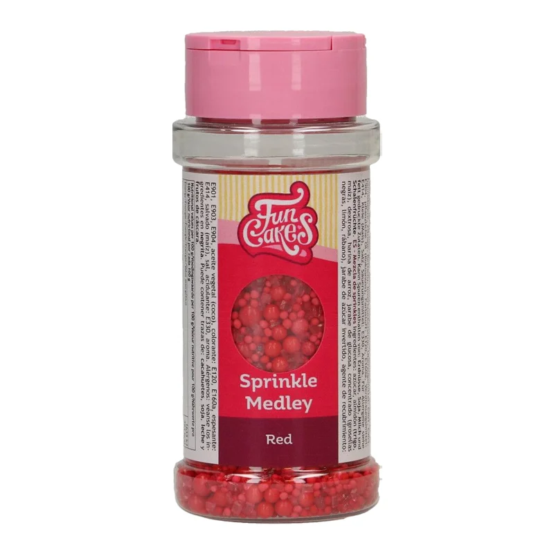 FunCakes Sprinkle Medley Red 70g - Mix vibrant de decoruri comestibile roșii, ideal pentru torturi, cupcakes, biscuiți și deserturi tematice. Adaugă textură, culoare și un efect spectaculos oricărei prăjituri.