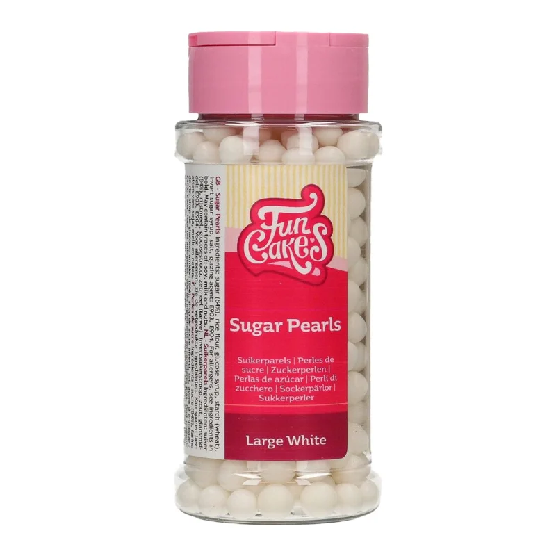 FunCakes Perlute Mari Albe 70g - Perluțe mari albe din zahăr, perfecte pentru decorarea torturilor, cupcakes-urilor, biscuiților și deserturilor elegante. Oferă un aspect sofisticat și festiv.