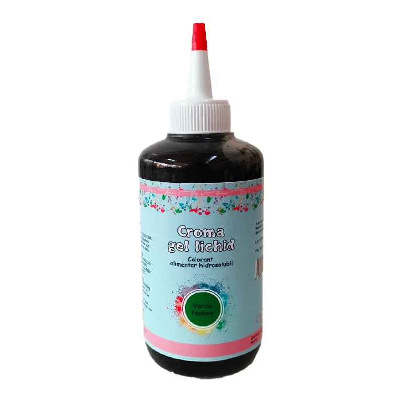Colorant Croma Gel Lichid Verde Padure 60ml - ideal pentru creme, fondant, glazuri și blaturi. Culoare intensă, uniformă și stabilă. Calitate profesională.