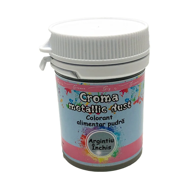 Colorant Croma Metallic Pudra 20g Argintiu Închis - pudră metalică cu efect sidefat pentru decorarea torturilor, aplicare uscată sau la aerograf.